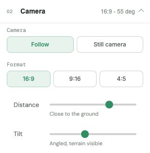 DDD Maps camera panel with format, distance, and tilt controls for a GPX animation