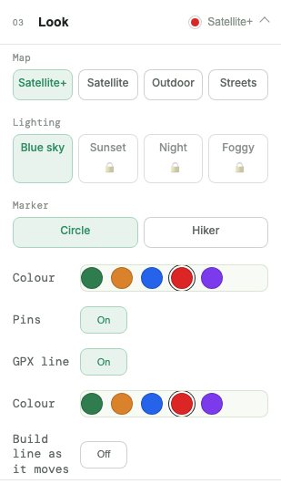 DDD Maps look panel with map style, lighting, marker, pins, and GPX line controls