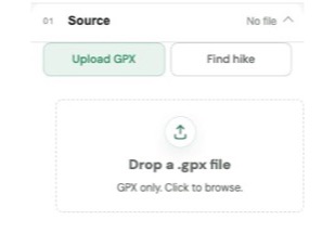 DDD Maps GPX editor source panel with Upload GPX and Find hike tabs