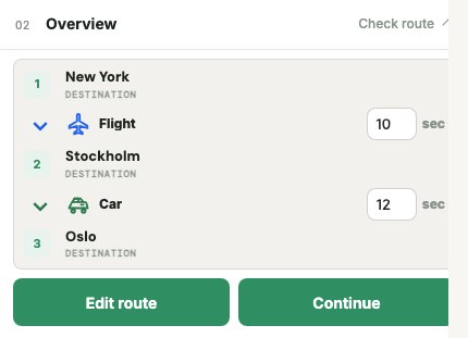 DDD Maps Travel editor overview panel with flight and car segments plus duration controls