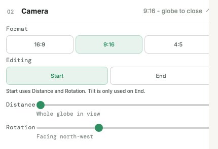 DDD Maps Zoom editor camera panel with format and start camera controls